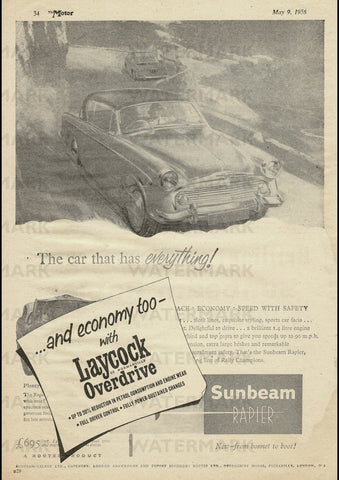 1956 SUNBEAM RAPIER WITH LAYCOCK OVERDRIVE ENGLISH UK REPRO AD ART PRINT POSTER