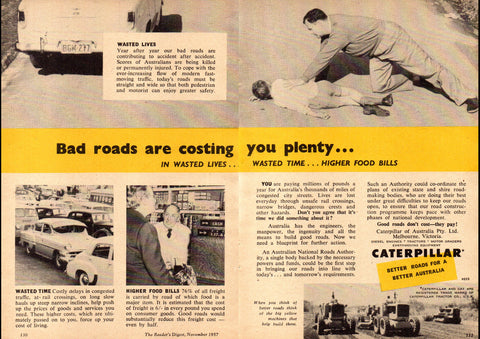 1957 CATERPILLAR BAD ROADS ARE COSTING AUSSIE REPRO AD ART PRINT POSTER