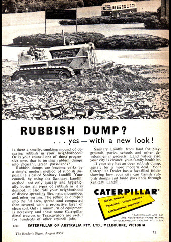 1957 CATERPILLAR RUBBISH DUMP YES WITH A NEW LOOK AUSSIE REPRO AD ART PRINT POSTER