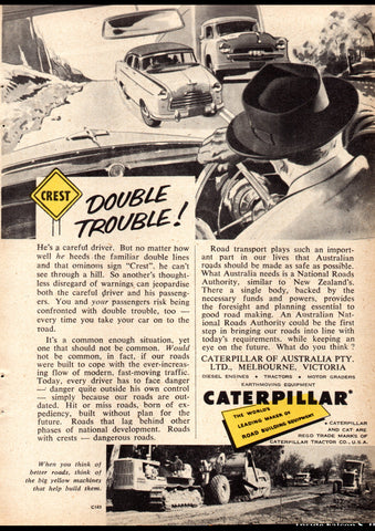 1957 CATERPILLAR TRACTOR CO CREST DOUBLE TROUBLE AUSSIE REPRO AD ART PRINT POSTER