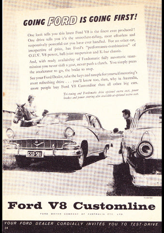 1957 FORD CUSTOMLINE TRI-TONE V8 AUSSIE REPRO AD ART PRINT POSTER