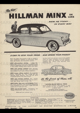 1957 HILLMAN MINX DE LUXE SALOON AUSSIE REPRO AD ART PRINT POSTER