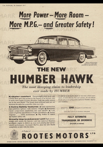 1957 HUMBER HAWK SALOON SEDAN ROOTES MOTORS ENGLISH UK REPRO AD ART PRINT POSTER