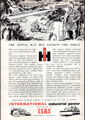 1957 INTERNATIONAL HARVESTER THE APPIAN WAY HAS LESSONS FOR TODAY AUSSIE REPRO AD ART PRINT POSTER