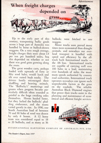 1957 INTERNATIONAL HARVESTER WHEN FREIGHT CHARGES DEPENDED ON GRASS AUSSIE REPRO AD ART PRINT POSTER