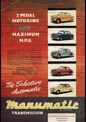 1957 MANUMATIC AUTOMATIC TRASNMISSION BMC CARS ENGLISH UK AD ART PRINT POSTER