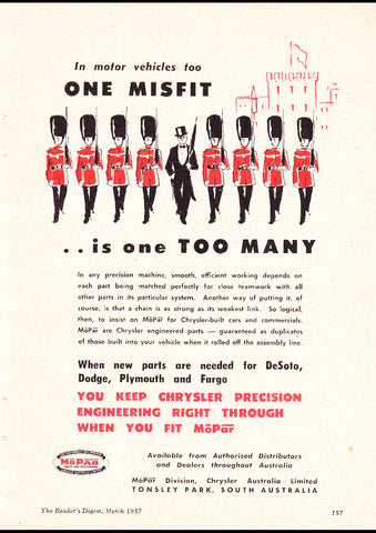 1957 MOPAR PARTS ONE MISSFIT IS ONE TOO MANY AUSSIE REPRO AD ART PRINT POSTER