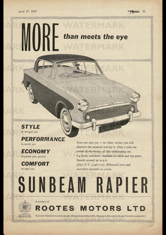 1957 SUNBEAM RAPIER ROOTES GROUP ENGLISH UK REPRO AD ART PRINT POSTER