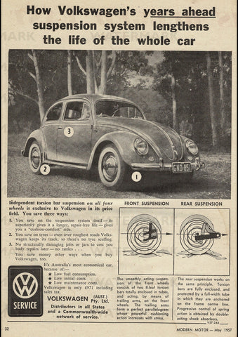 1957 VOLKSWAGEN VW SERVICE BEETLE SUSPENSION AUSSIE REPRO AD ART PRINT POSTER