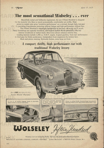 1957 WOLSELEY FIFTEEN HUNDRED SALOON ENGLISH UK REPRO AD ART PRINT POSTER