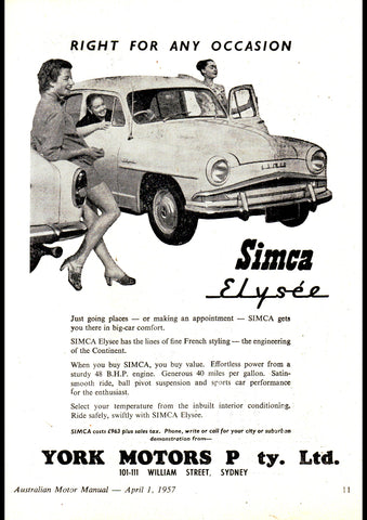 1957 YORK MOTORS SIMCA ELYSEE SEDAN AUSSIE REPRO AD ART PRINT POSTER