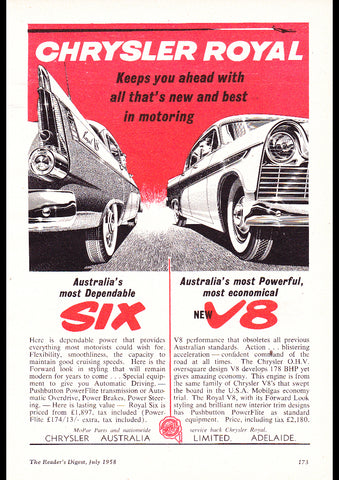 1958 AP1 CHRYSLER ROYAL 6 & V8 AUSSIE REPRO AD ART PRINT POSTER