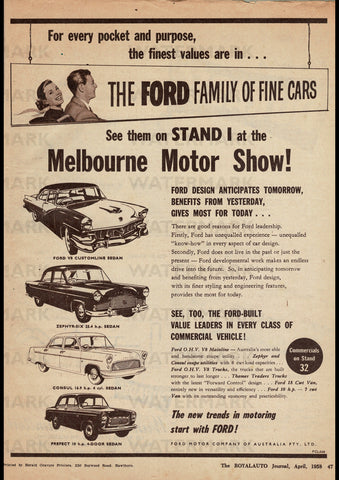 1958 FORD FAMILY OF FINE CARS CUSTOMLINE ZEPHYR PREFECT CONSUL AUSSIE AD ART PRINT POSTER