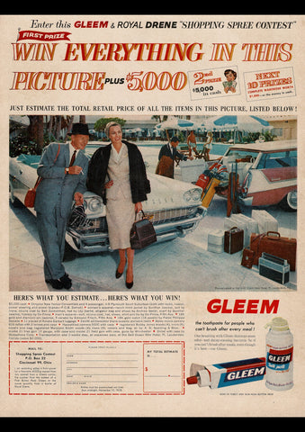 1958 GLEEM TOOTH PASTE CHRYSLER NEW YORKER V8 PLYMOUTH SPORT USA REPRO AD ART PRINT POSTER