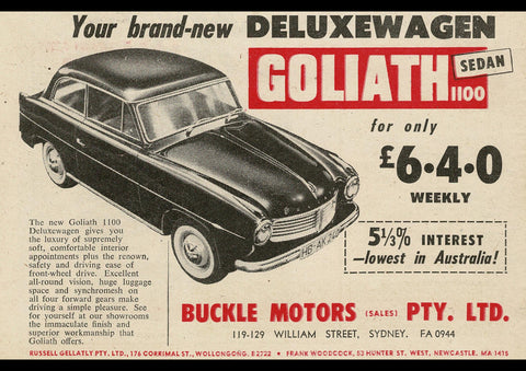 1958 GOLIATH 1100 DELUXEWAGON SEDAN AUSSIE AD ART PRINT POSTER