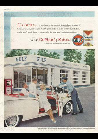 1958 GULF GULFPRIDE SELECT DETERGENT OIL USA AD ART PRINT POSTER