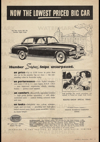 1958 HUMBER SUPER SNIPE ROOTES GROUP AUSSIE AD ART PRINT POSTER