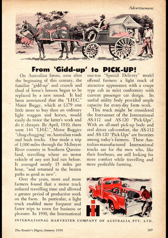 1958 INTERNATIONAL HARVESTER FROM GIDDY-UP TO PICK-UP! AUSSIE REPRO AD ART PRINT POSTER