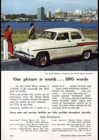1958 SIMCA ARONDE AUSSIE REPRO AD ART PRINT POSTER