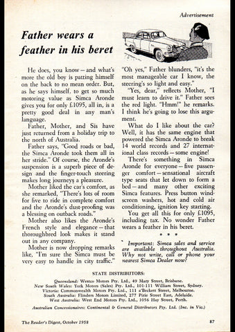 1958 SIMCA ARONDE FATHER WEARS A FEATHER IN HIS BERET AUSSIE REPRO AD ART PRINT POSTER