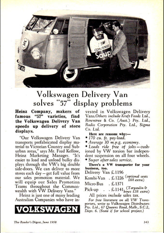 1958 VOLKSWAGEN DELIVERY VAN SOLVES 57 DISPLAY PROBLEMS AUSSIE REPRO AD ART PRINT POSTER