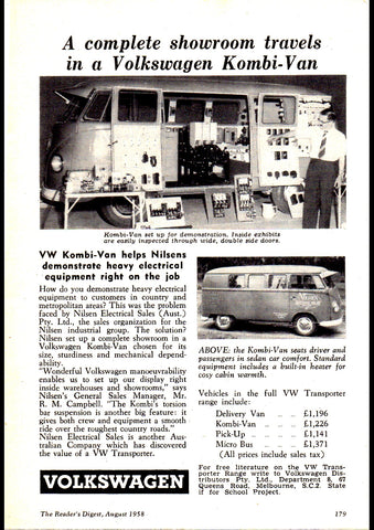1958 VOLKSWAGEN A COMPLETE SHOWROOM TRAVELS IN A VOLKSWAGEN KOMBI AUSSIE REPRO AD ART PRINT POSTER