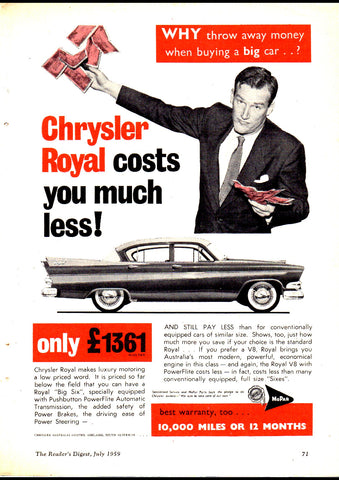 1959 AP2 CHRYSLER ROYAL SEDAN AUSSIE AD ART PRINT POSTER