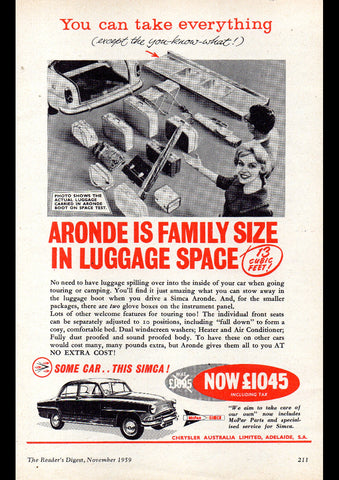 1959 CHRYSLER SIMCA ARONDE SEDAN AUSSIE AD ART PRINT POSTER