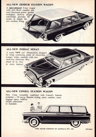 1959 FORD CONSUL ZEPHYR SEDAN & WAGONS ZODIAC SEDAN AUSSIE AD ART PRINT POSTER