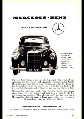 1959 MERCEDES BENZ 220S W180 PONTON AUSSIE AD ART PRINT POSTER