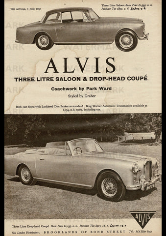 1960 ALVIS 3 LITRE SALOON & DROPHEAD COUPE ENGLISH UK AD ART PRINT POSTER