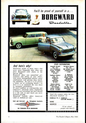 1960 BORGWARD ISABELLA 2 DOOR & WAGON AUSSIE AD ART PRINT POSTER