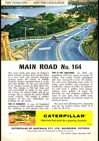 1960 CATERPILLAR THE CONQUEST AND THE CHALLENGE MAIN ROAD NO 164 AUSSIE AD ART PRINT POSTER