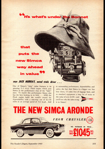 1960 CHRYSLER SIMCA ARONDE SEDAN AUSSIE AD ART PRINT POSTER