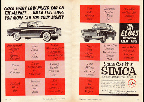 1960 CHRYSLER SIMCA ARONDE SEDAN AUSSIE AD ART PRINT POSTER