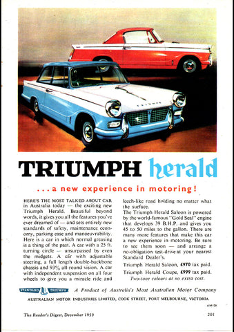 1960 STANDARD TRIUMPH SALOON & COUPE AUSSIE AD ART PRINT POSTER