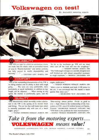 1960 VOLKSWAGEN BEETLE ON TEST AUSSIE AD ART PRINT POSTER