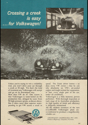 1960 VOLKSWAGEN BEETLE CROSSING A CREEK AUSSIE AD ART PRINT POSTER