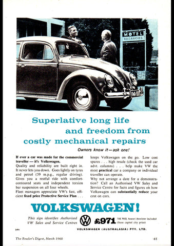 1960 VOLKSWAGEN BEETLE SUPERLATIVE LONG LIFE & FREEDOM AUSSIE AD ART PRINT POSTER