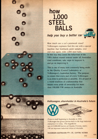1961 VOLKSWAGEN HOW 1000 STEEL BALLS HELP BUY AUSSIE AD ART PRINT POSTER