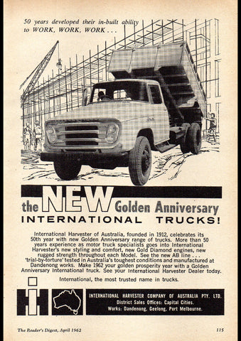 1962 INTERNATIONAL TRUCKS 50 YEARS GOLDEN ANNIVERSARY AUSSIE AD ART PRINT POSTER
