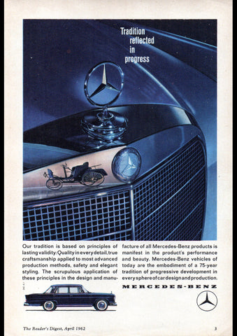 1962 MERCEDES W111 TRADITION REFLECTED IN PROGRESS INTERNATIONAL AD ART PRINT POSTER