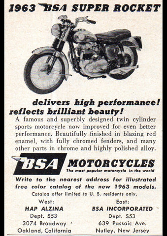 1963 BSA SUPER ROCKET MOTORCYCLES USA AD ART PRINT POSTER