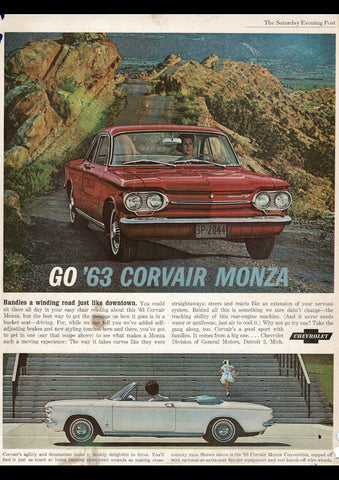 1963 CHEVROLET CORVAIR MONZA SPORT COUPE & CONVERTIBLE USA AD ART PRINT POSTER