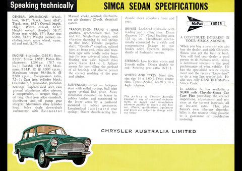 1963 CHRYSLER SIMCA ARONDE SEDAN AUSSIE AD ART PRINT POSTER