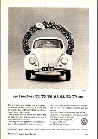 1963 VOLKSWAGEN BEETLE 1200 FOR CHRISTMAS 64,65,66,67 AUSSIE AD ART PRINT POSTER