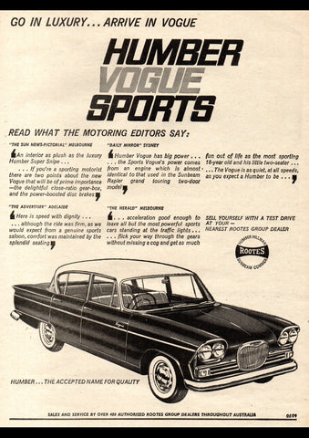 1964 HUMBER VOGUE SPORTS SEDAN ROOTES GROUP AUSSIE AD ART PRINT POSTER