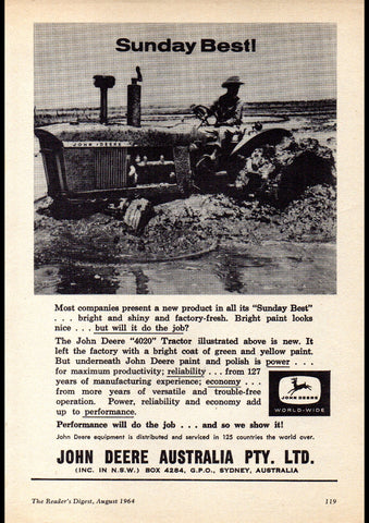 1964 JOHN DEERE 4020 THRESHING MACHINE TRACTORS AUSSIE AD ART PRINT POSTER