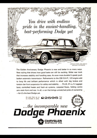 1964 VD2 DODGE PHOENIX CHRYSLER AUSSIE AD ART PRINT POSTER