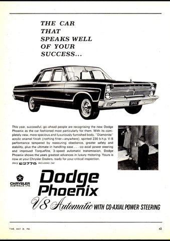 1965 AP2D DODGE PHOENIX V8 AUTOMATIC CHRYSLER AUSSIE AD ART PRINT POSTER